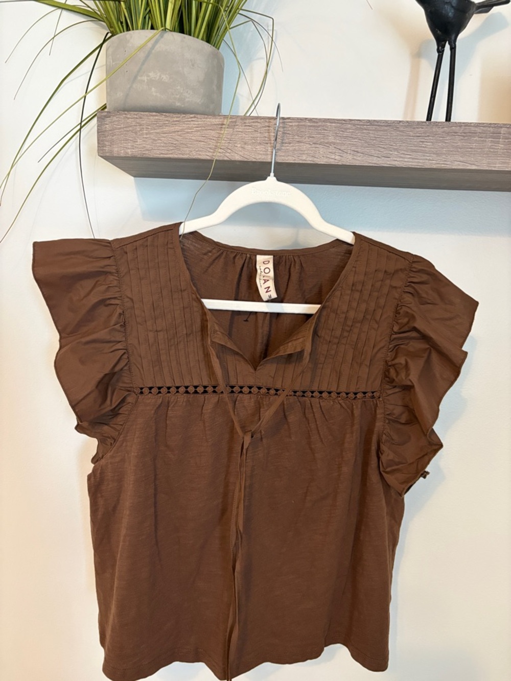 dolan Brown Ruffled Sleeve Pintuck Blouse